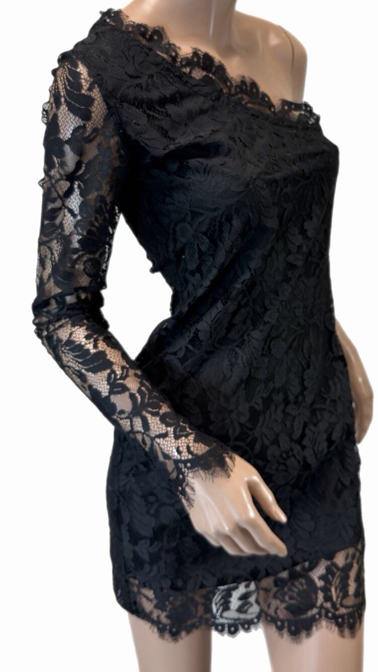 Pierre Balmain Black Lace One Shoulder Cocktail Dress Bodycon Mini Floral S/M